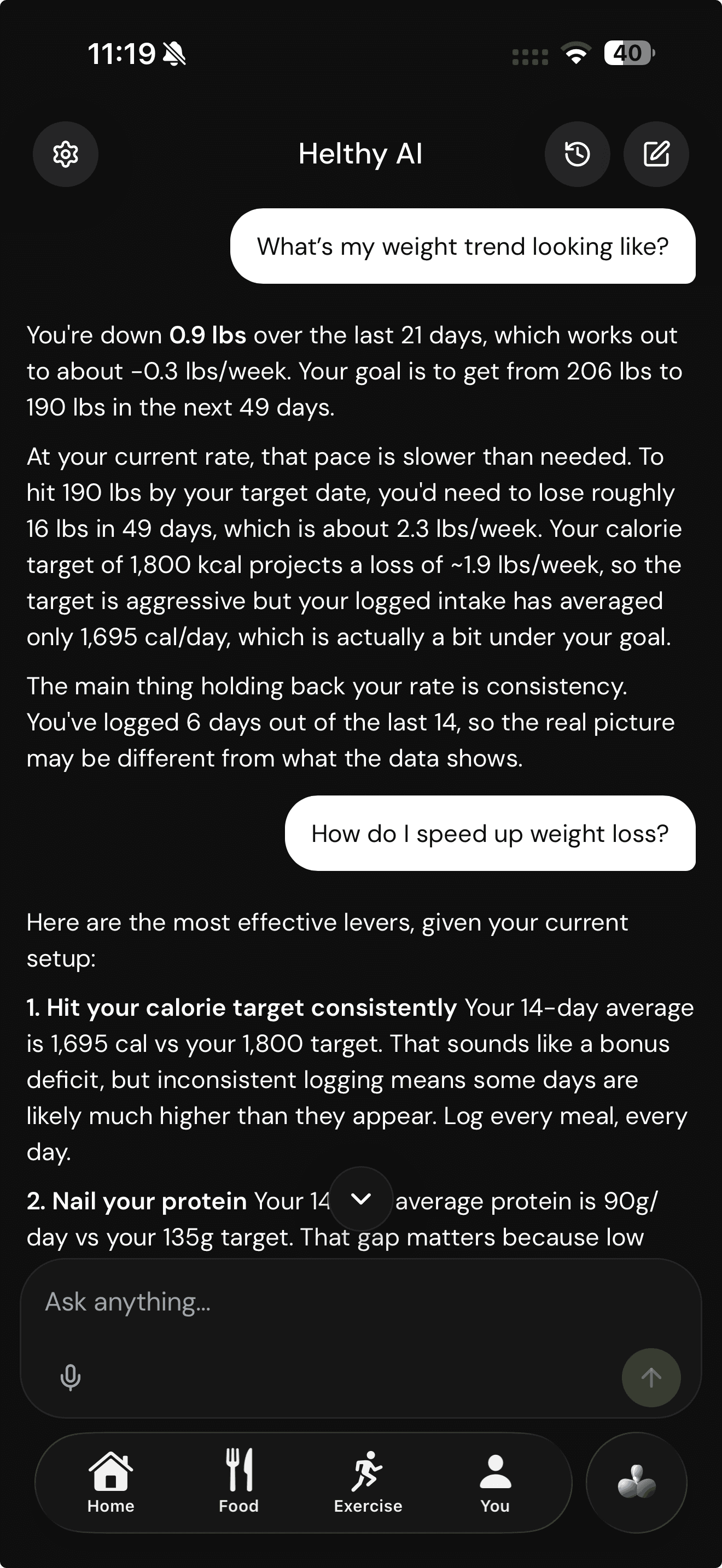 Helthy AI coach answering 'What's my weight trend looking like?' with the user's own numbers: 0.9 lb down in 21 days, a 1,695 calorie average against an 1,800 target, and 6 of 14 days logged