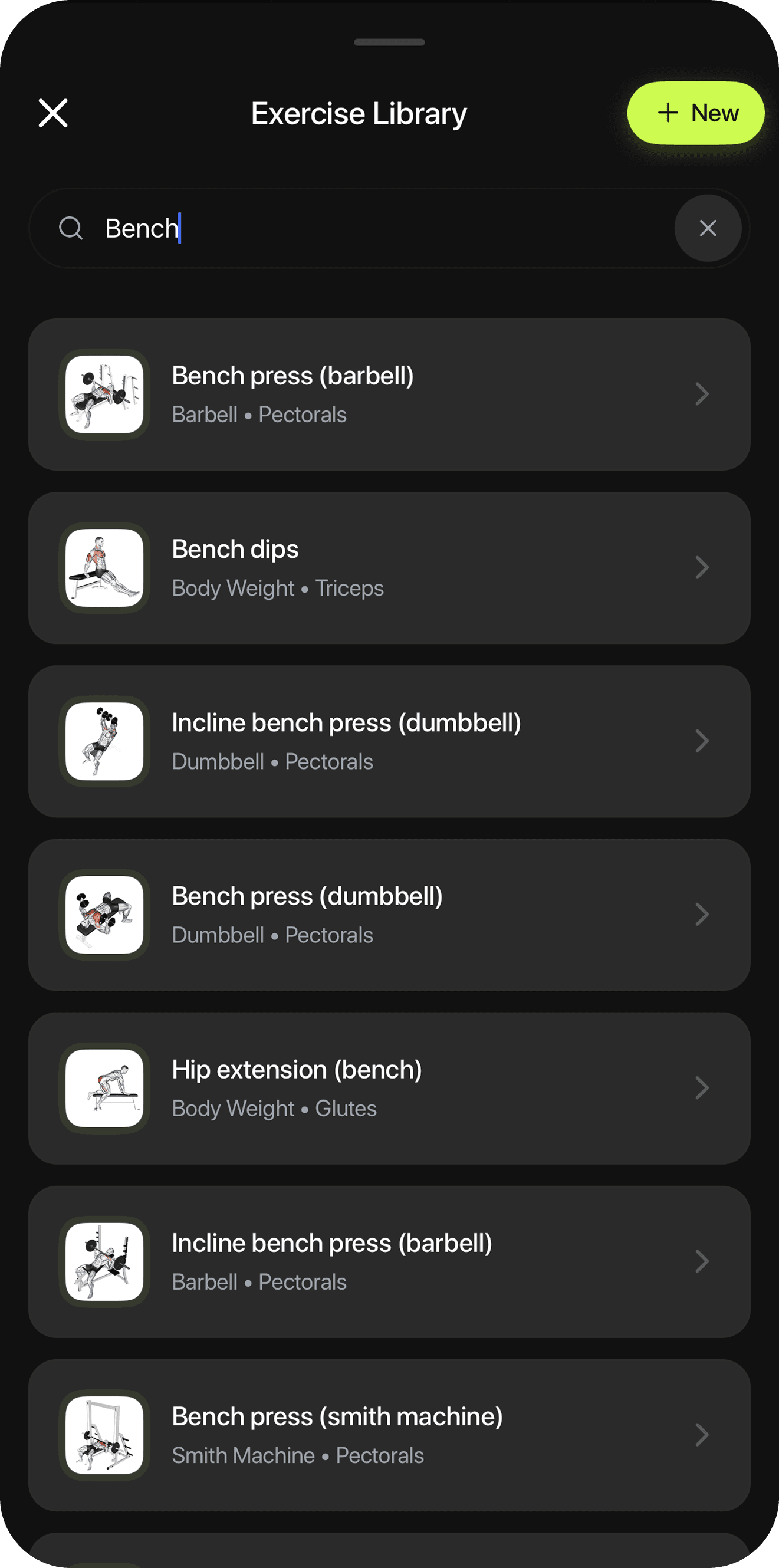 Helthy exercise library searched for bench, listing barbell, dumbbell, incline and smith machine bench press variations