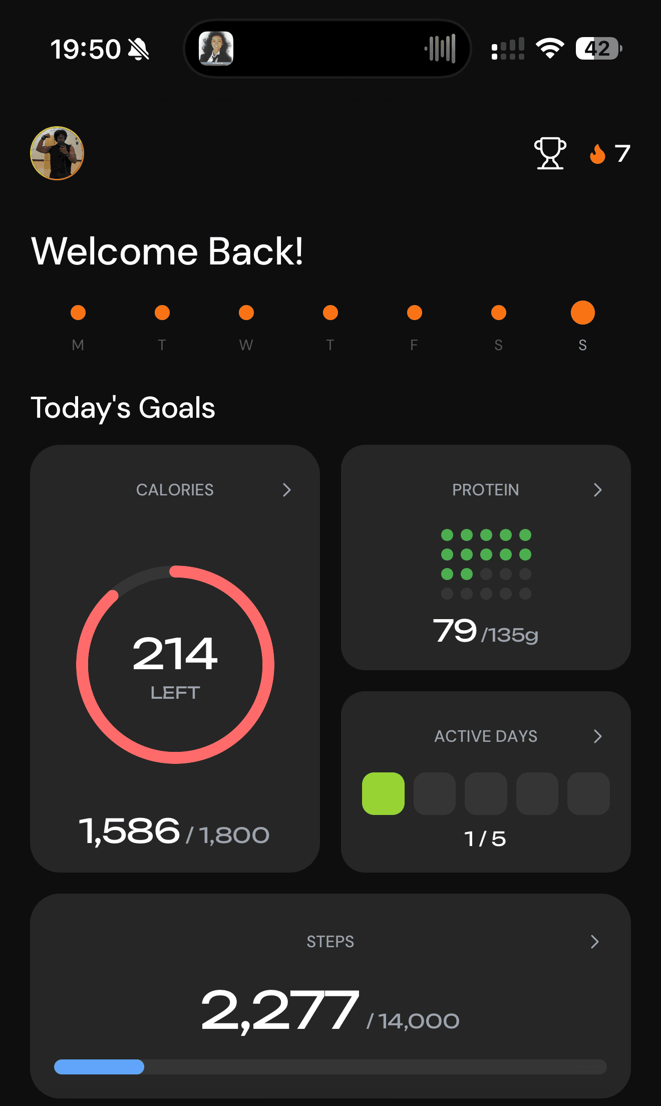 Helthy home screen showing 214 calories left, 79 of 135 g protein, 1 of 5 active days and 2,277 steps