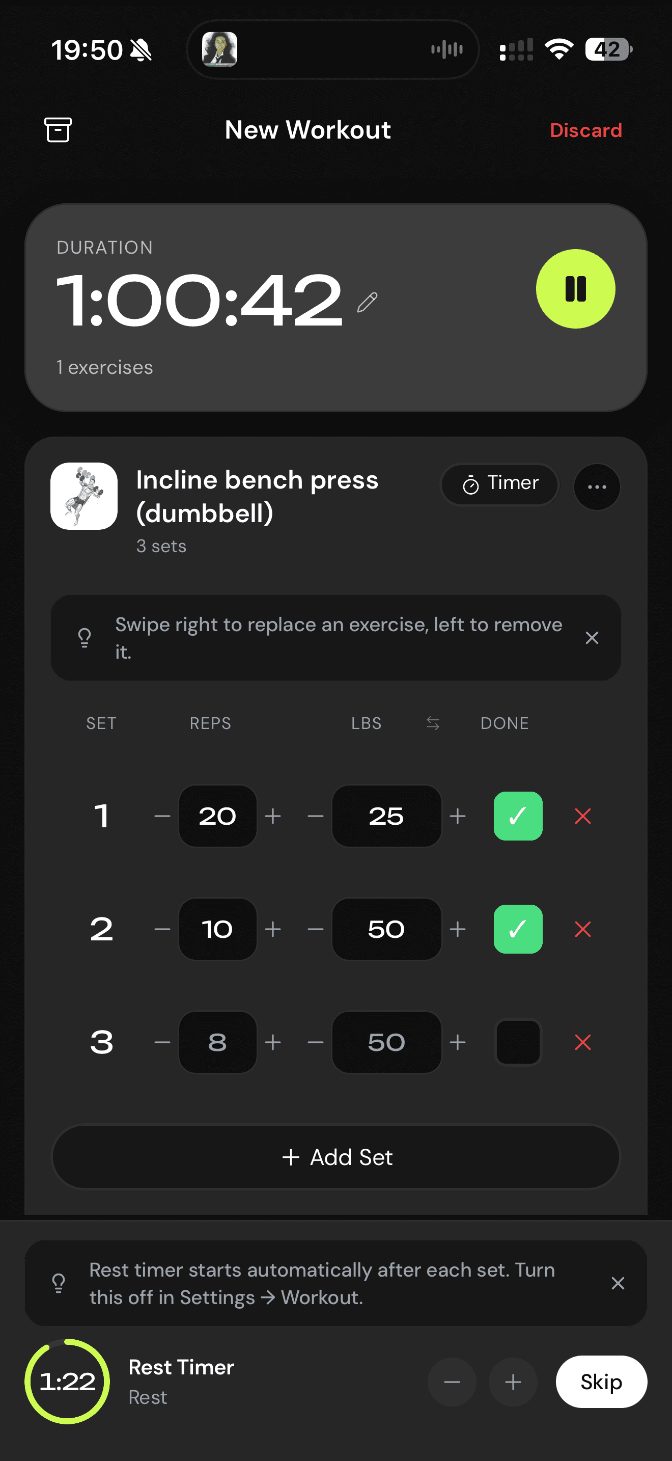Helthy workout in progress: incline dumbbell bench press with three sets logged and a rest timer counting down
